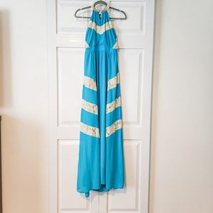 Champagne and Strawberry Riviera Dinner Dress Lace Halter Maxi Dress